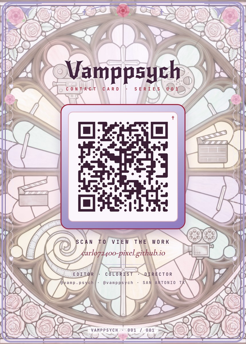 Vamppsych contact card, back: a scannable QR to this site, with roles and social handles
