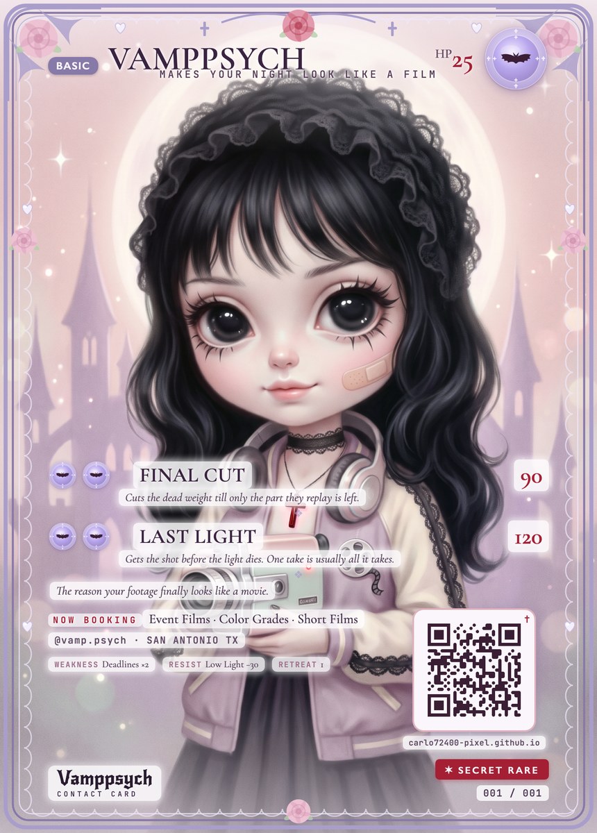 Vamppsych contact card, front: a big-eye pastel doll muse holding a Super 8 cine camera, with the moves Final Cut and Last Light